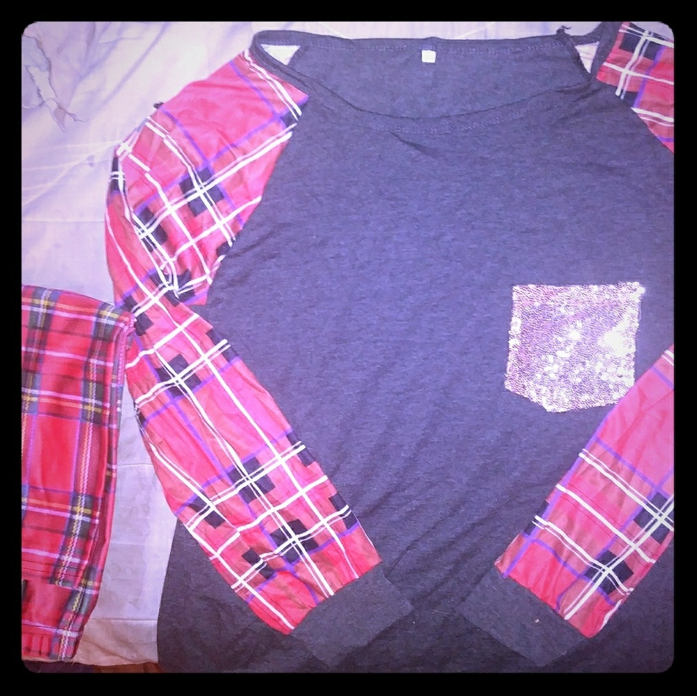Grey & Red Plaid Patterned Long Sleeve T-Shirt